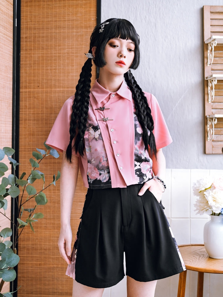 Chinese-Style Pink Patchwork Printed Short Sleeve Shirt