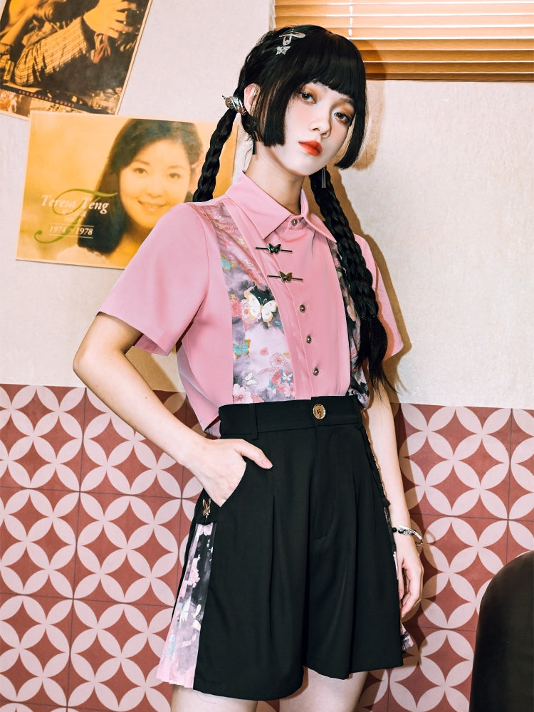 Chinese-Style Pink Patchwork Printed Short Sleeve Shirt