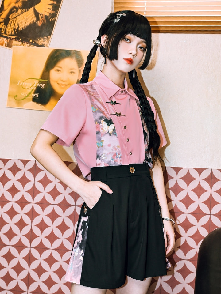 Chinese-Style Pink Patchwork Printed Short Sleeve Shirt