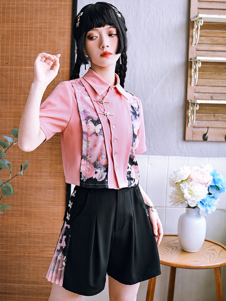 Chinese-Style Pink Patchwork Printed Short Sleeve Shirt