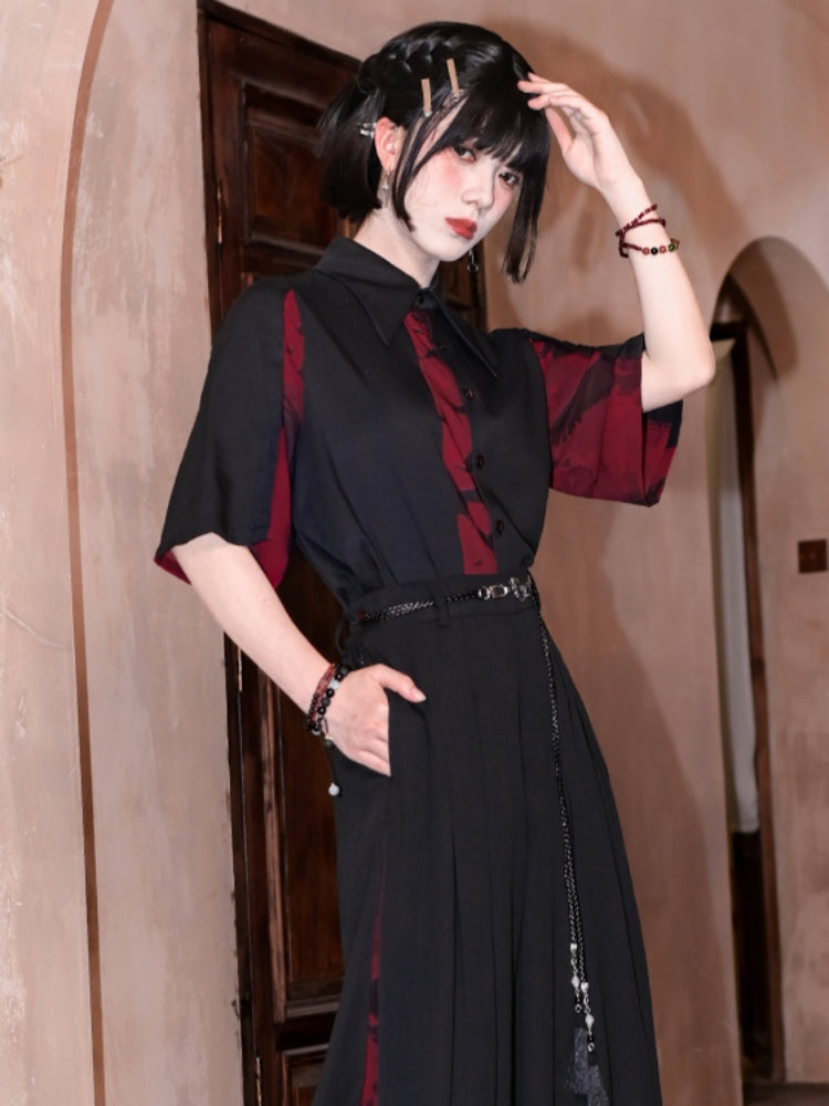 Black and Red Chinese-Style Patchwork Cotton Short Sleeve Shirt