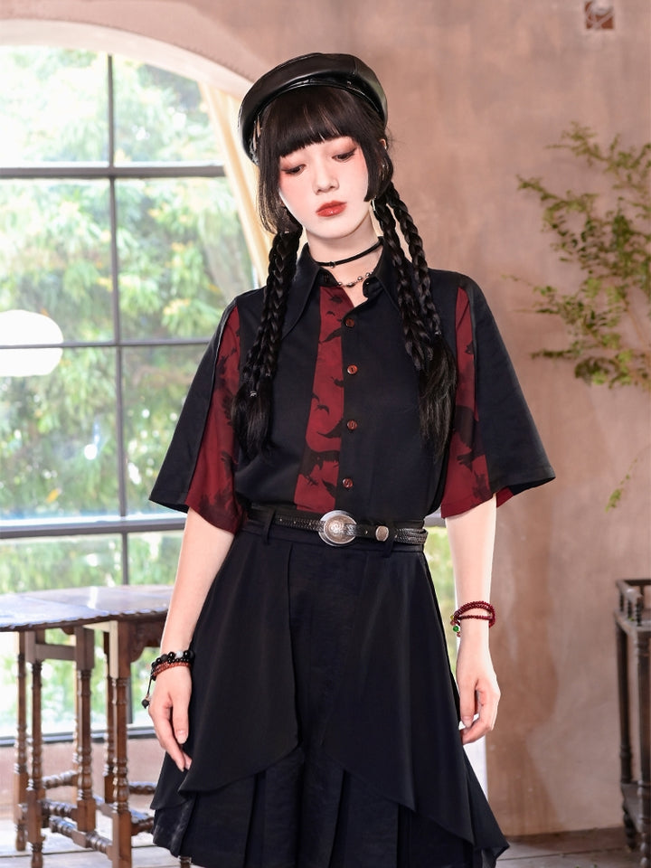 Black and Red Chinese-Style Patchwork Cotton Short Sleeve Shirt