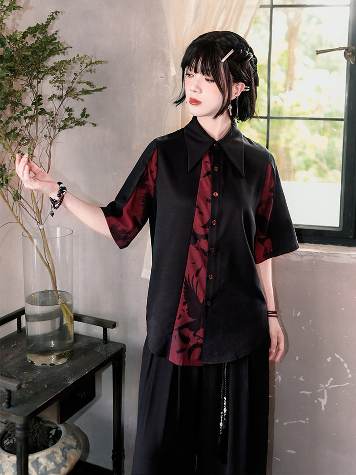Black and Red Chinese-Style Patchwork Cotton Short Sleeve Shirt