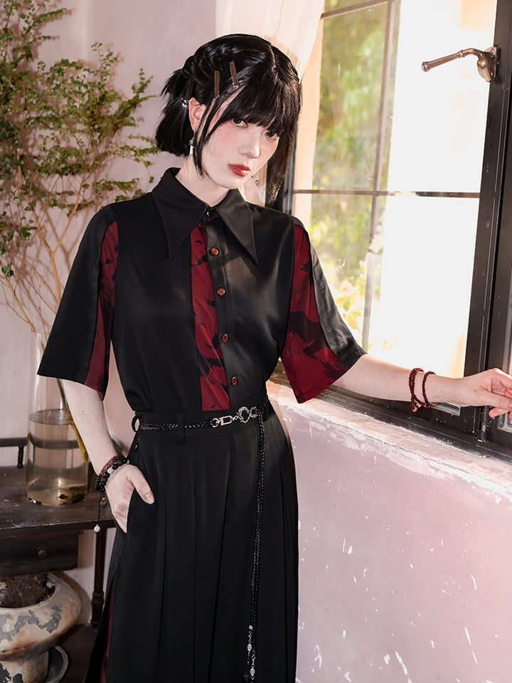 Black and Red Chinese-Style Patchwork Cotton Short Sleeve Shirt