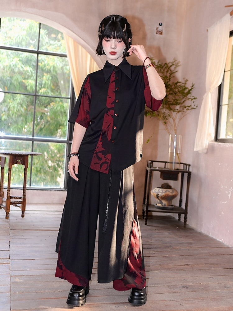Black and Red Chinese-Style Patchwork Cotton Short Sleeve Shirt