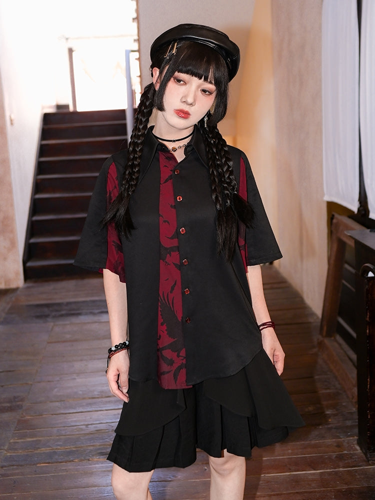 Black and Red Chinese-Style Patchwork Cotton Short Sleeve Shirt