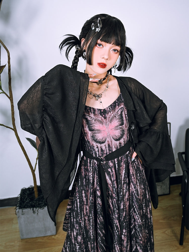 Butterfly Illusion Black Irregular Wide-Sleeve Sun Protection Cardigan