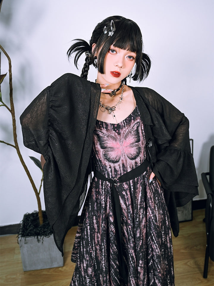 Butterfly Illusion Black Irregular Wide-Sleeve Sun Protection Cardigan