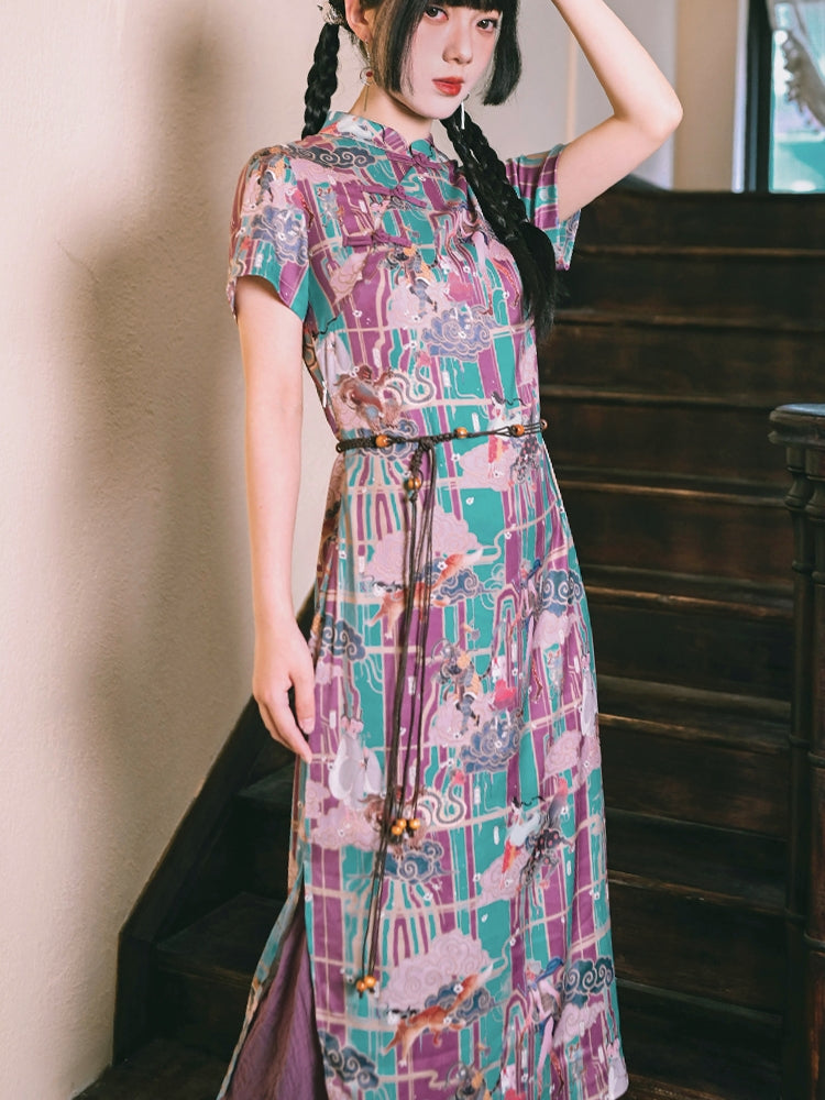 Chinese-Style Printed Fishtail Qipao Maxi Dress