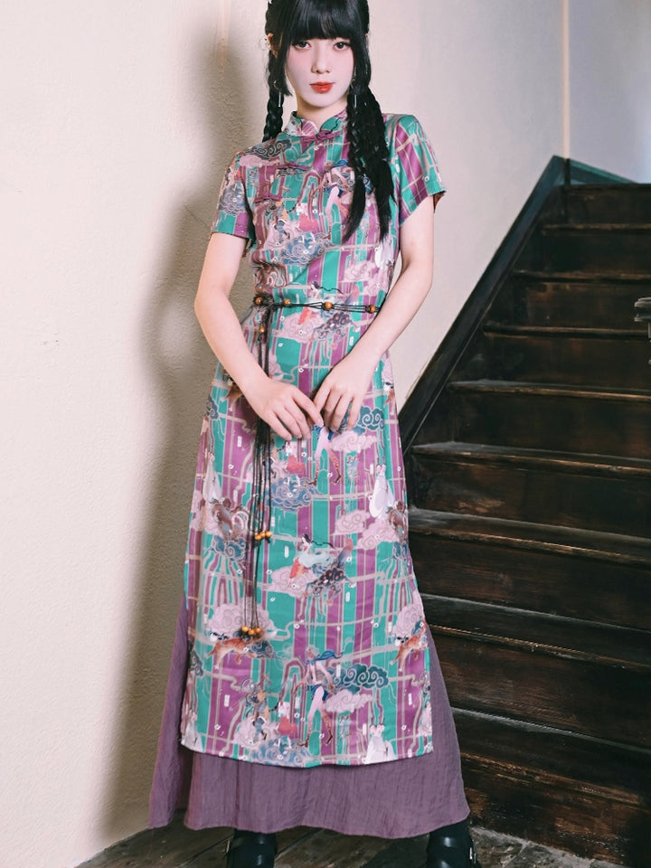 Chinese-Style Printed Fishtail Qipao Maxi Dress
