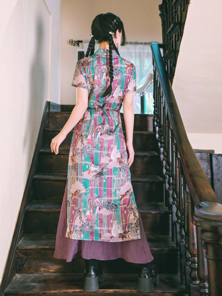 Chinese-Style Printed Fishtail Qipao Maxi Dress