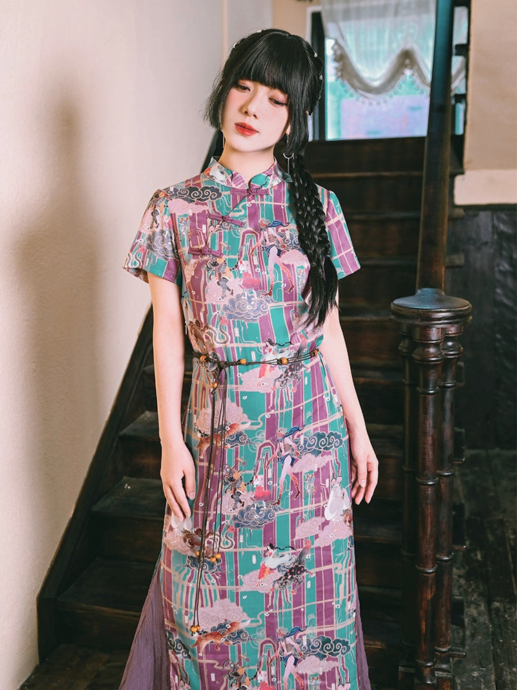 Chinese-Style Printed Fishtail Qipao Maxi Dress