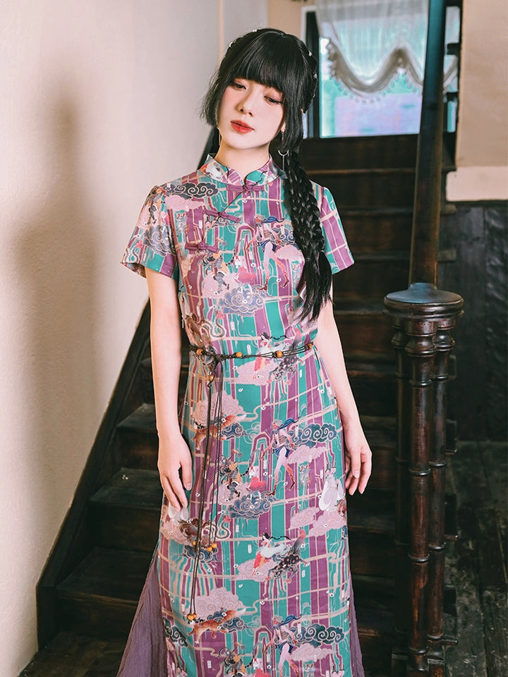 Chinese-Style Printed Fishtail Qipao Maxi Dress