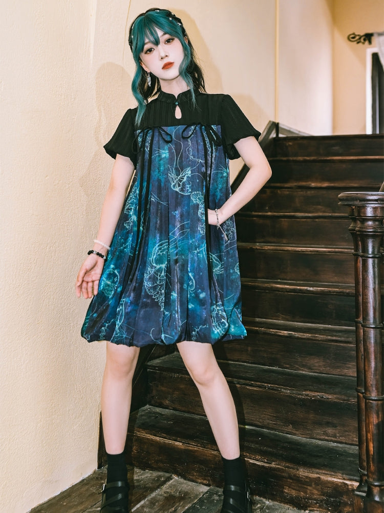 Jellyfish Print Blue Short Sleeve Dress