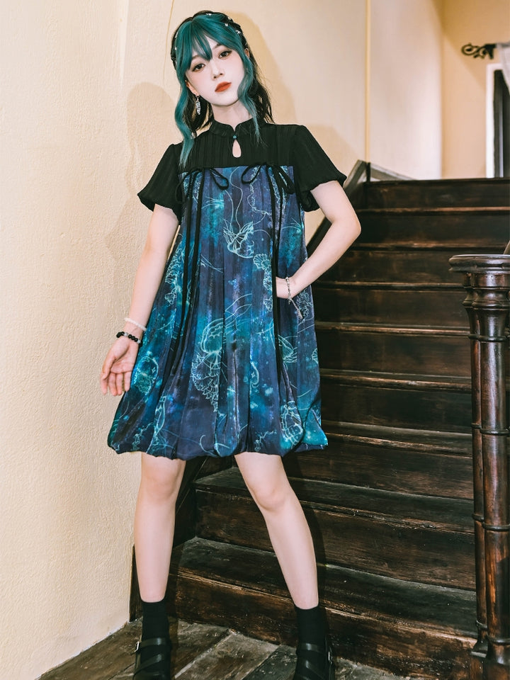 Jellyfish Print Blue Short Sleeve Dress
