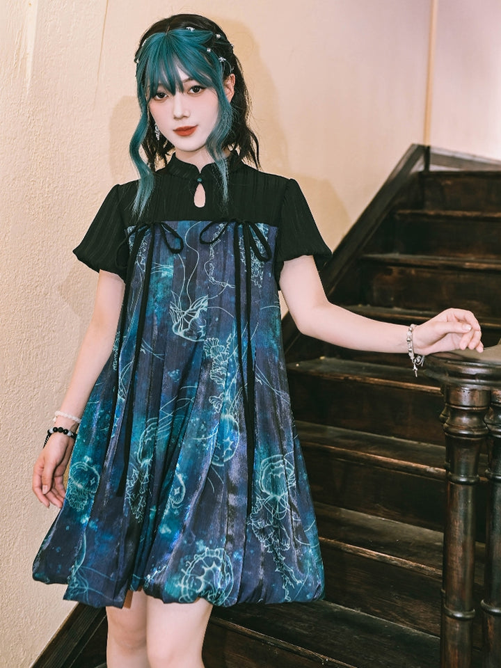 Jellyfish Print Blue Short Sleeve Dress