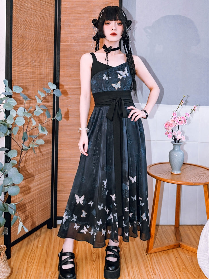 Chinese-Style Butterfly Print Camisole Dress