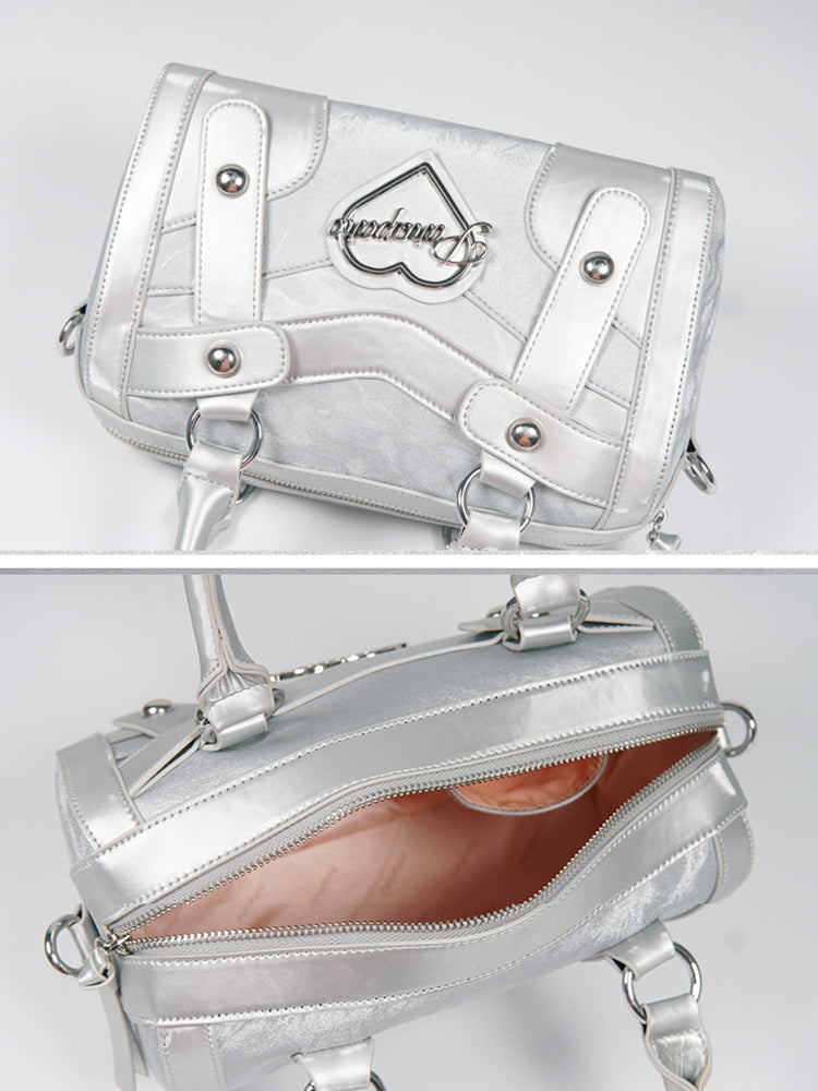 Chic Silver Metallic Handbag with Heart Emblem