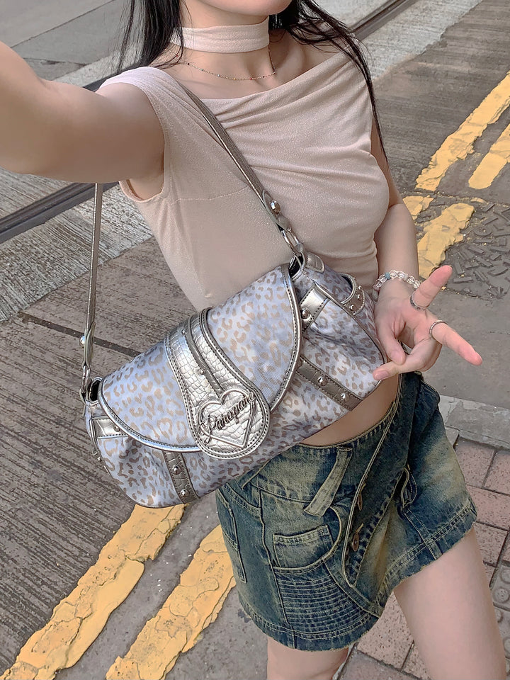 Y2K Retro Silver Leopard Studded Bag