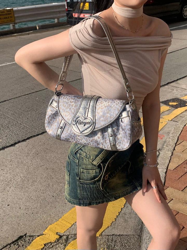 Y2K Retro Silver Leopard Studded Bag