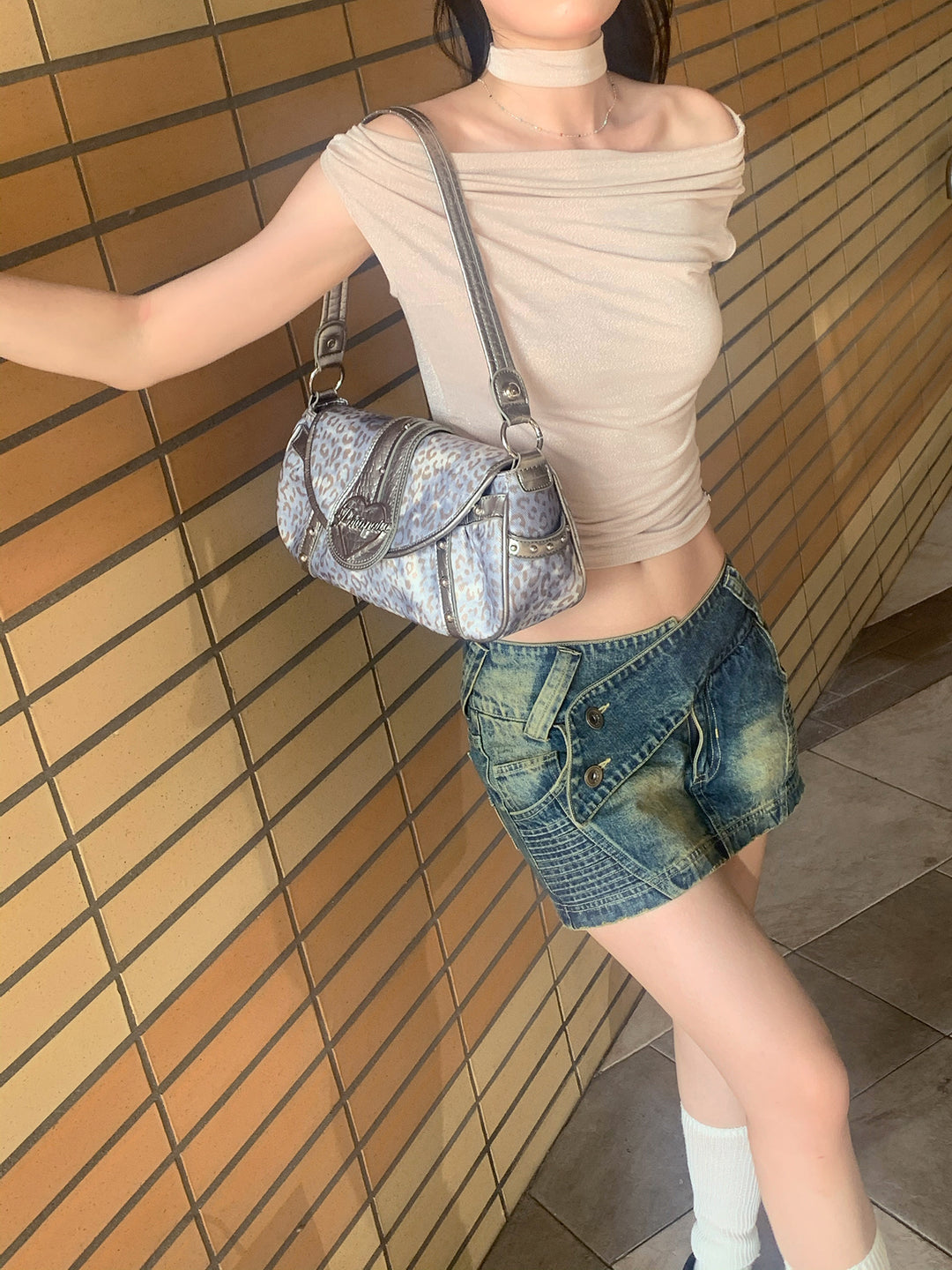 Y2K Retro Silver Leopard Studded Bag