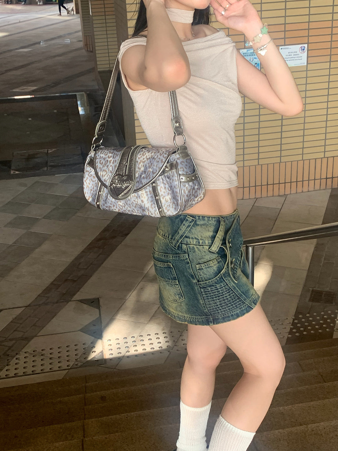 Y2K Retro Silver Leopard Studded Bag