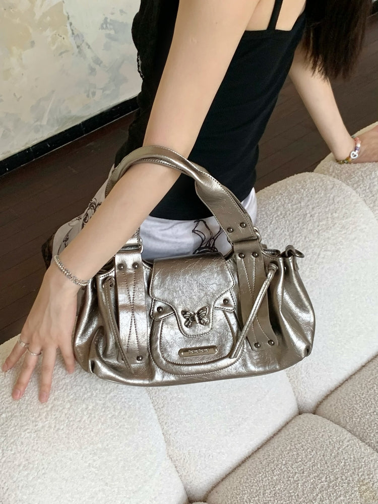 Y2K Metallic Silver Butterfly Biker Shoulder Bag