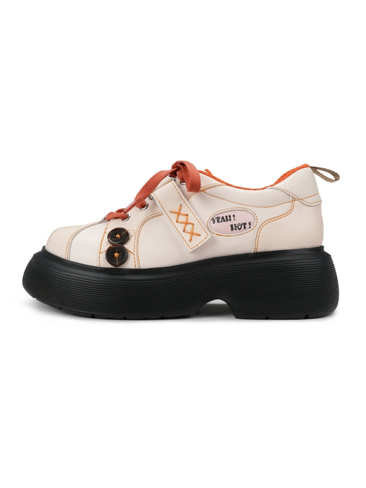 Orange Accents and Buttons Decorative Cream Sneakers