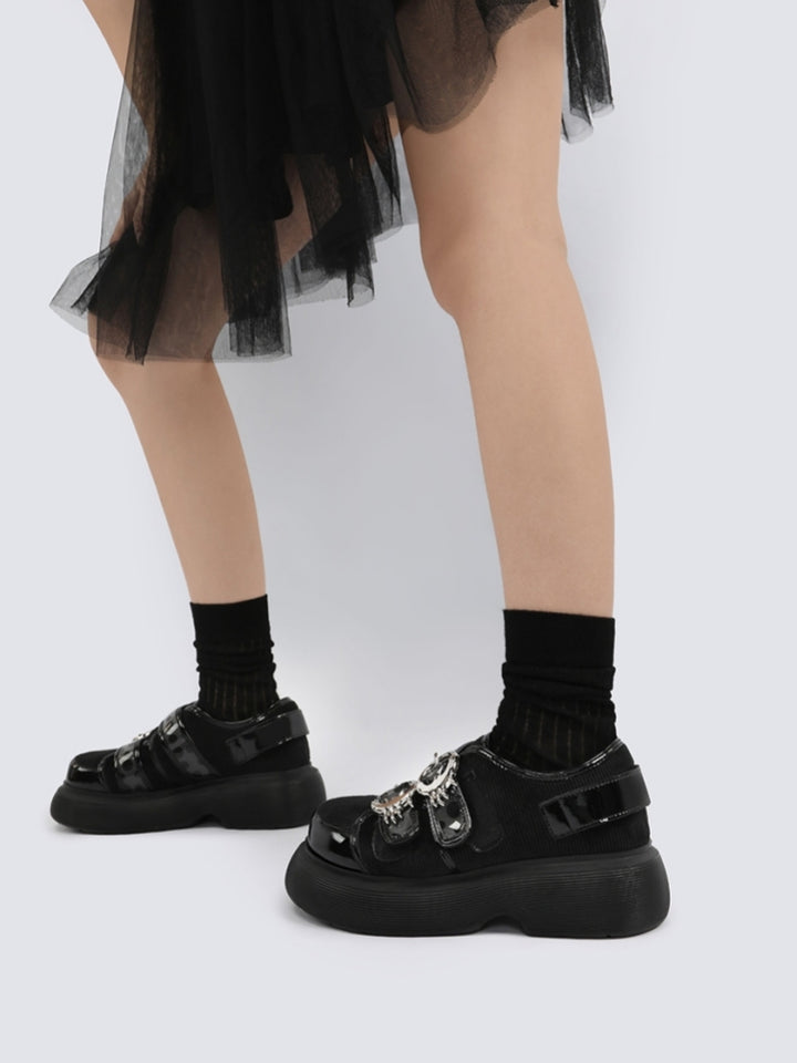 Glossy Accents and Metallic Buckle Detail Black Platform Shoes