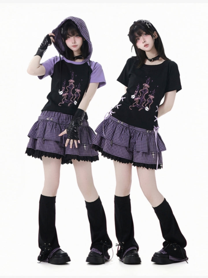 Gothic Street Look Cropped Hoodie/Ruffle Skirt/Leg Warmers