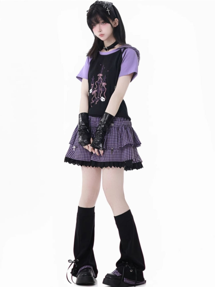Gothic Street Look Cropped Hoodie/Ruffle Skirt/Leg Warmers
