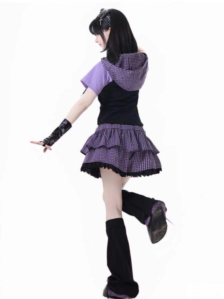 Gothic Street Look Cropped Hoodie/Ruffle Skirt/Leg Warmers