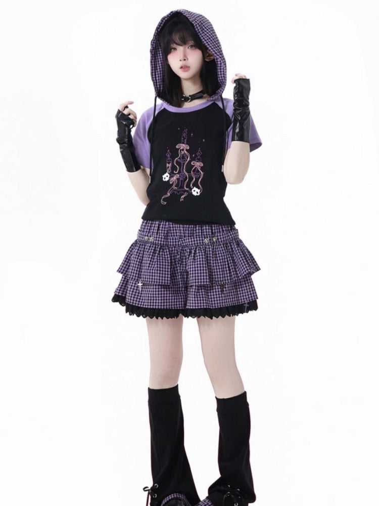 Gothic Street Look Cropped Hoodie/Ruffle Skirt/Leg Warmers