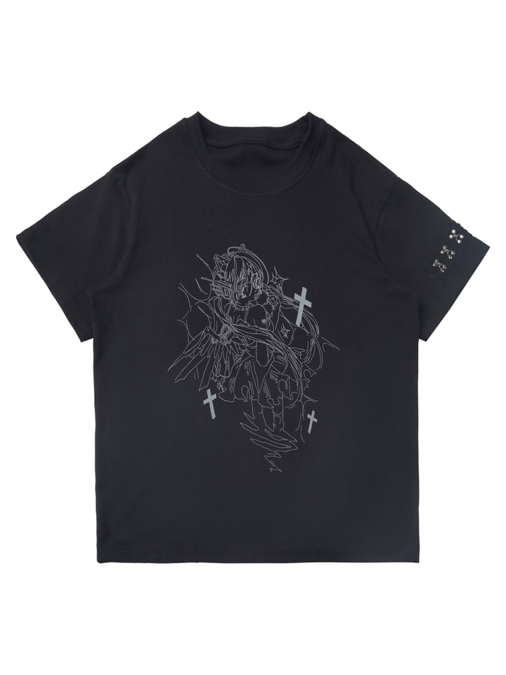 Gothic Oversized Black Tee with Cross Graphic and Edgy Punk Details