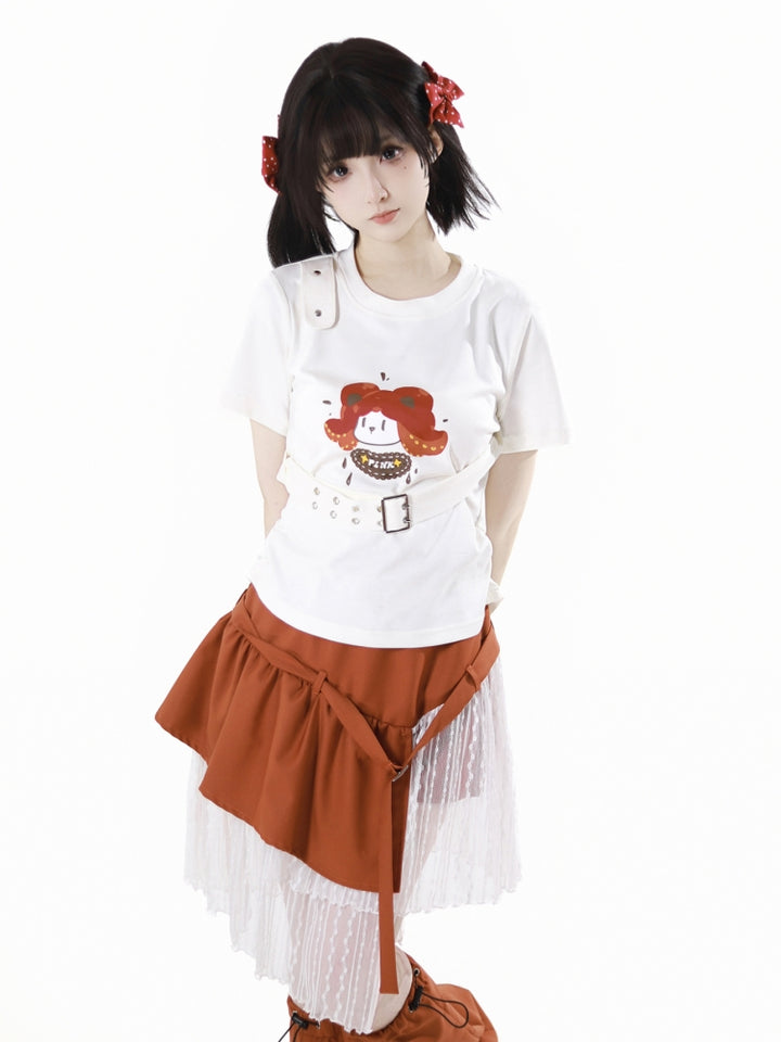 Cartoon Girl Tee Set with Optional Tank Top / Short Skirt / Long Skirt / Leg Warmers