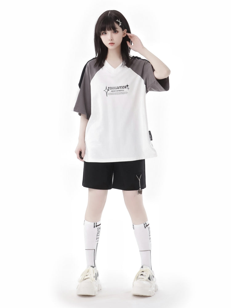 Letter Print and Cute Pendant Detail Colorblock Streetwear T-Shirt / Shorts