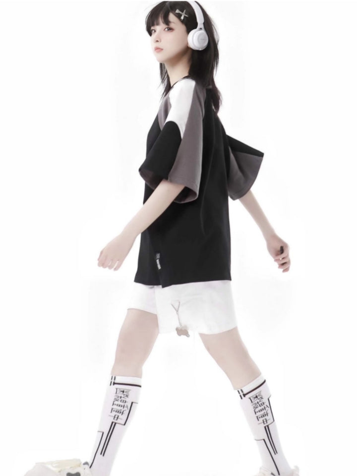 Letter Print and Cute Pendant Detail Colorblock Streetwear T-Shirt / Shorts