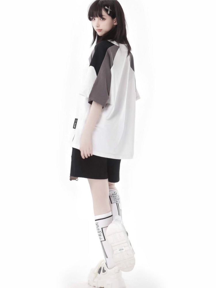 Letter Print and Cute Pendant Detail Colorblock Streetwear T-Shirt / Shorts