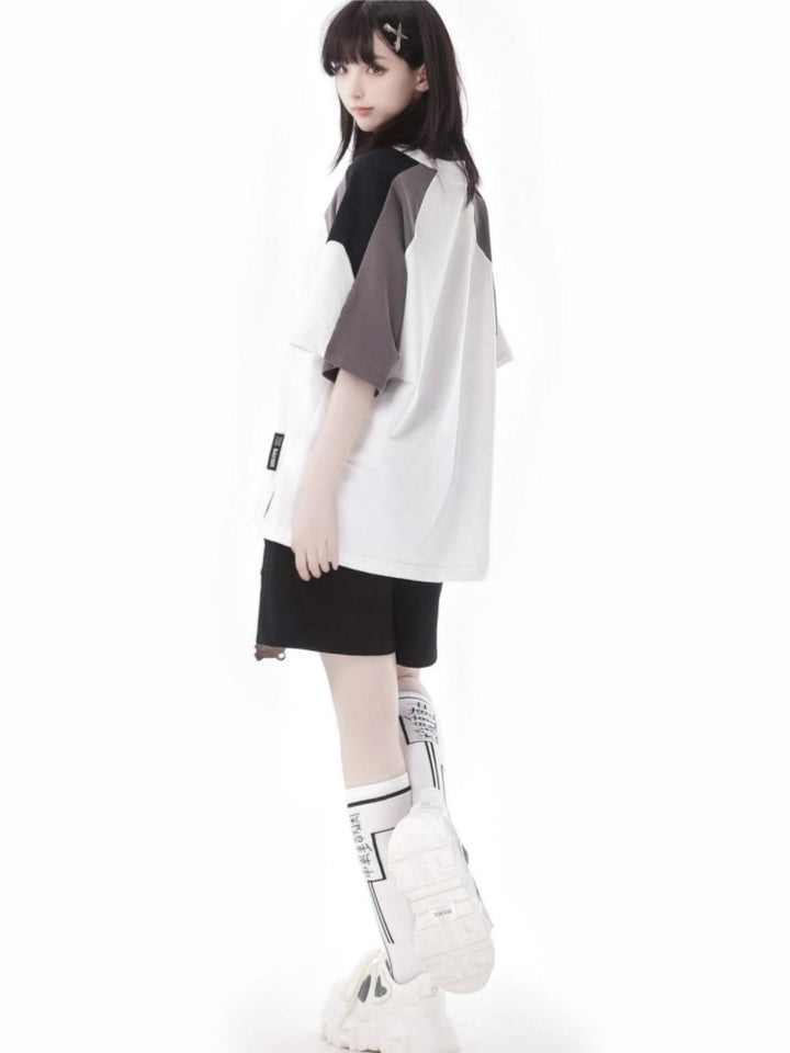 Letter Print and Cute Pendant Detail Colorblock Streetwear T-Shirt / Shorts