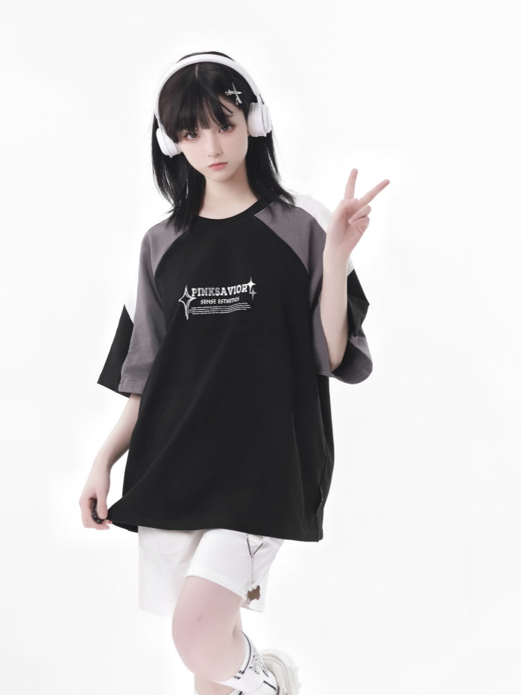 Letter Print and Cute Pendant Detail Colorblock Streetwear T-Shirt / Shorts
