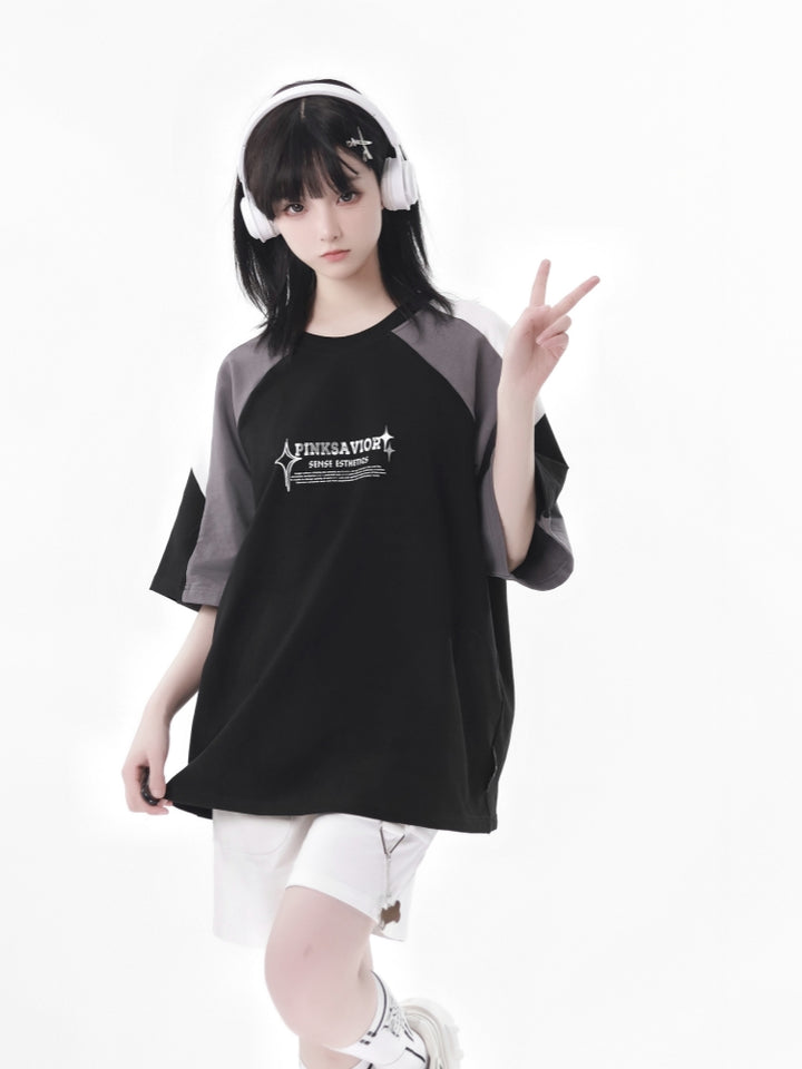 Letter Print and Cute Pendant Detail Colorblock Streetwear T-Shirt / Shorts