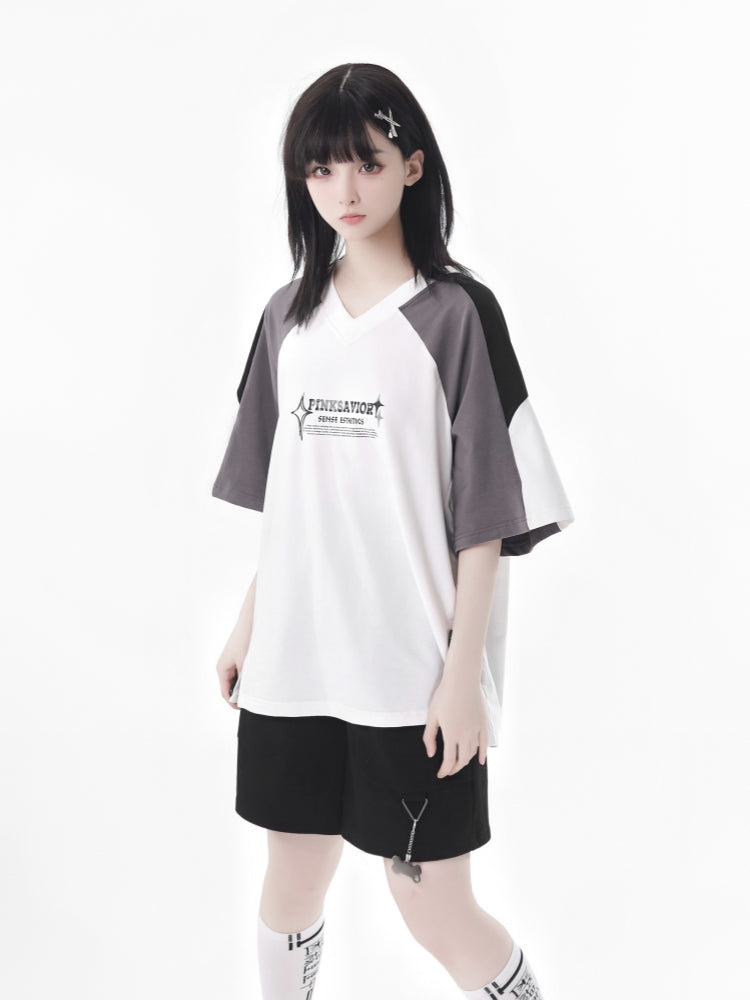 Letter Print and Cute Pendant Detail Colorblock Streetwear T-Shirt / Shorts