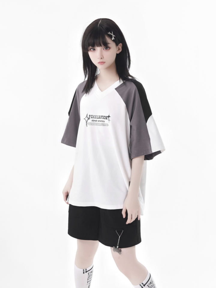 Letter Print and Cute Pendant Detail Colorblock Streetwear T-Shirt / Shorts