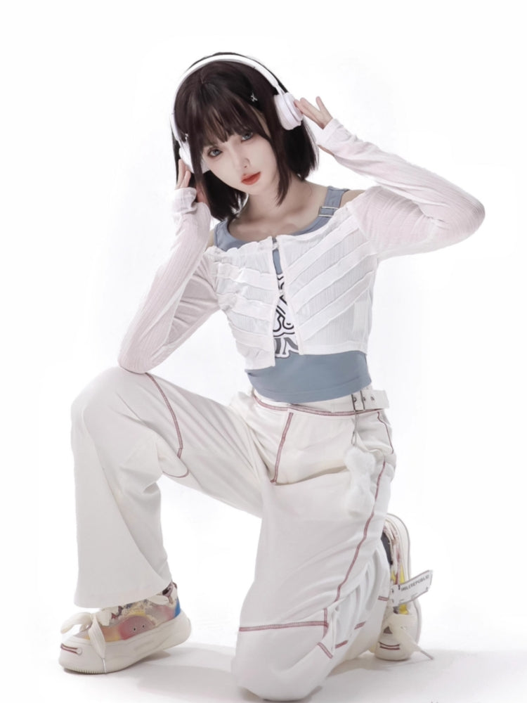 White Techwear Tank Set with Optional Jacket / Shorts / Futuristic Wide Leg Pants