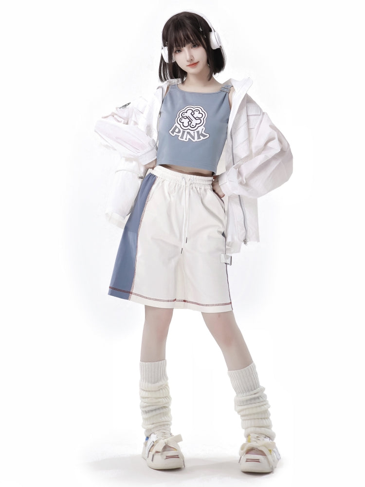 White Techwear Tank Set with Optional Jacket / Shorts / Futuristic Wide Leg Pants