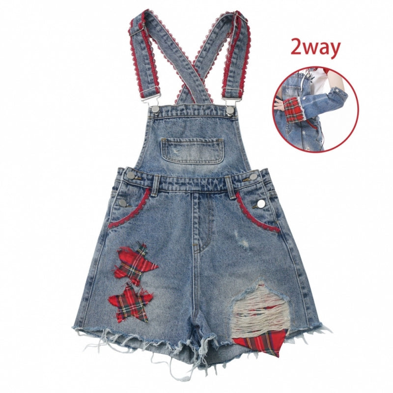 America Style Playful White T-Shirt / Denim Overalls / Red Leg Warmers