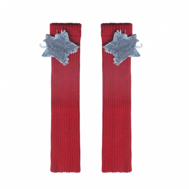 America Style Playful White T-Shirt / Denim Overalls / Red Leg Warmers