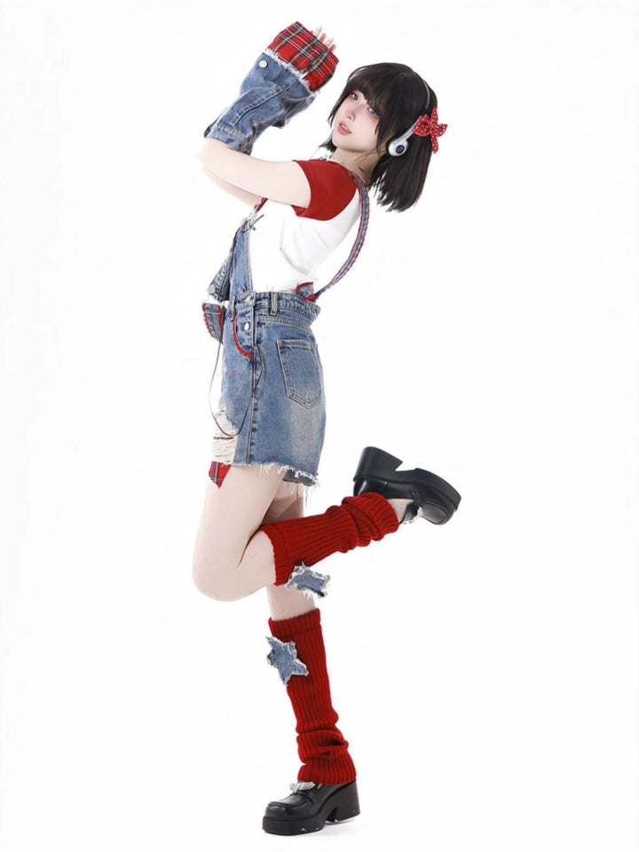 America Style Playful White T-Shirt / Denim Overalls / Red Leg Warmers