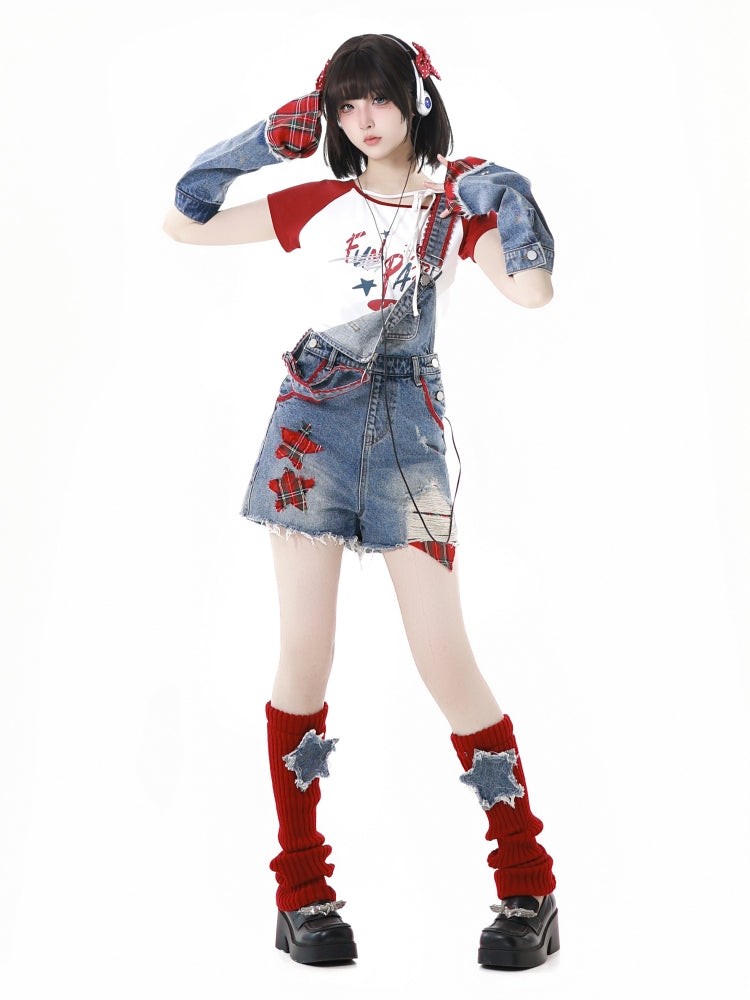 America Style Playful White T-Shirt / Denim Overalls / Red Leg Warmers
