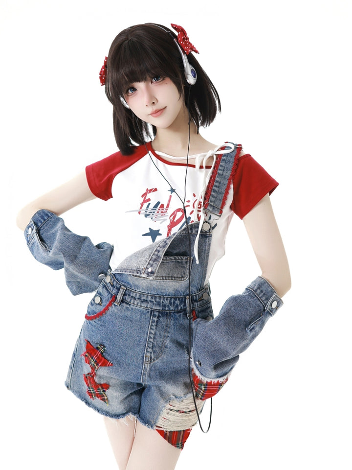 America Style Playful White T-Shirt / Denim Overalls / Red Leg Warmers